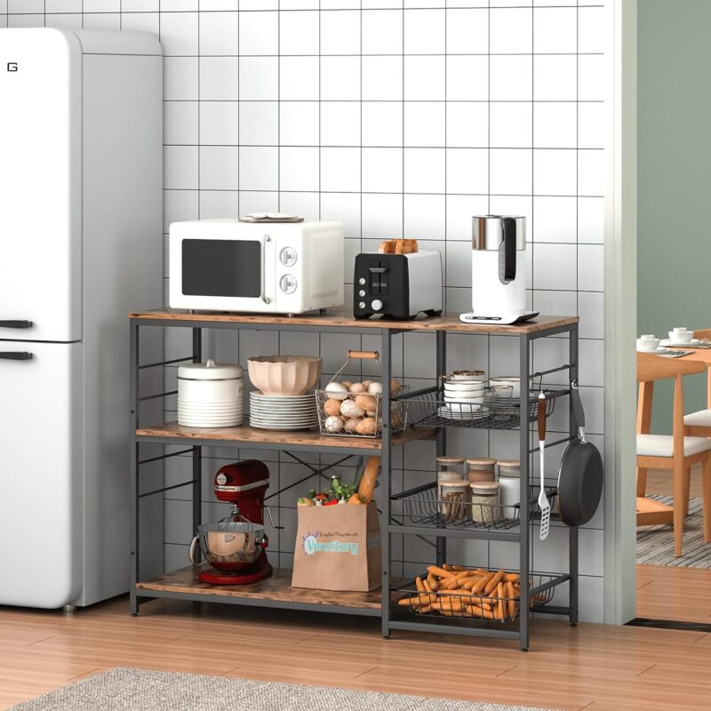 VENZITORY Kitchen Storage Shelf Bakers Rack, 47" W, Large Microwave Stand with Pull-Out Baskets, Kitchen Organizers and Storage, Coffee Bar Table Station with 4 Hooks for Kitchen Dining Room